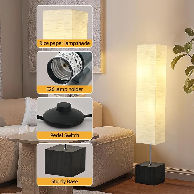 Column Floor Lamp – Natural Wood Base&Rice Paper, Japanese lamp，with Square Base for Living Room,Office, Kids Room, Reading, Home Decor, Off White, 58"