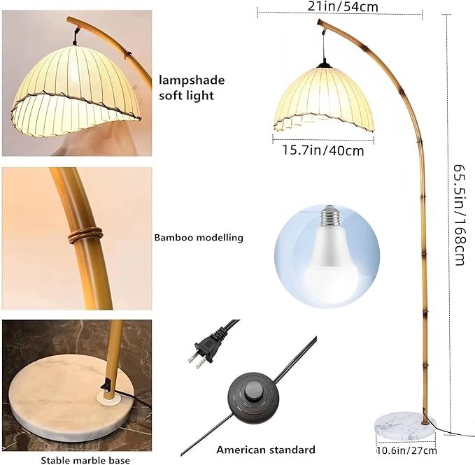 Bamboo Floor Lamp, Mid Century Rattan Retro Standing Light with 3 Color Temperatures, Bohemian Style LED Tall Lamp for Living Room Bedroom Office