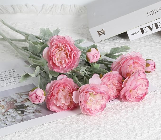 IPOPU Pink Peonies Artificial Flowers 6pcs Pink Artificial Ranunculus Flowers18Heads Pink Silk Peonies with Stems Real Look for Spring Decorations Floral Arrangements Home Table Centerpiece