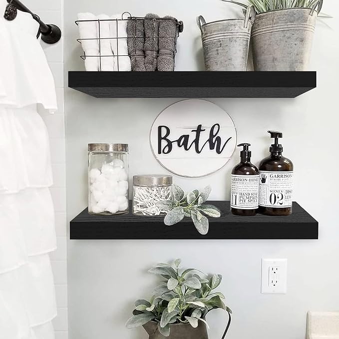 QEEIG Floating Shelves for Wall 23.6" Long - Wall Mounted Shelf Bathroom Kitchen Living Room Bedroom Farmhouse Home Decor Display Bookshelf Large 23.6 x 9.3 inch Set of 2, Black (008-60B)