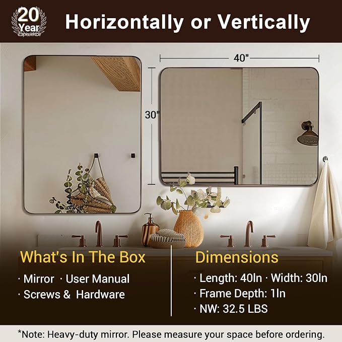 ANDY STAR Bathroom Mirrors for Wall, 30"x40" Bronze Bathroom Mirror, Rounded Rectangle Mirror, Framed in Premium Stainless Steel with Brushed Finish
