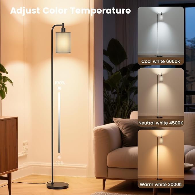 SIBRILLE Floor Lamp with Linen Shade, Dimmable Tall Standing Lamp with Remote Control & 3 Color Temperatures, Modern Floor Lamps for Living Room Bedroom Office Corner, 9W LED Bulb Included