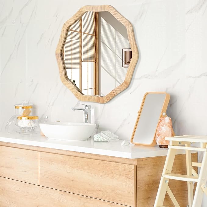 ULIKE Rattan Wicker Mirror for Bathroom, 24 Inch Boho Woven Decorative for Wall, Rustic Farmhouse Vanity Mirror, Geometric Rattan Mirrors for Living Room Entryway Bathroom Bedroom