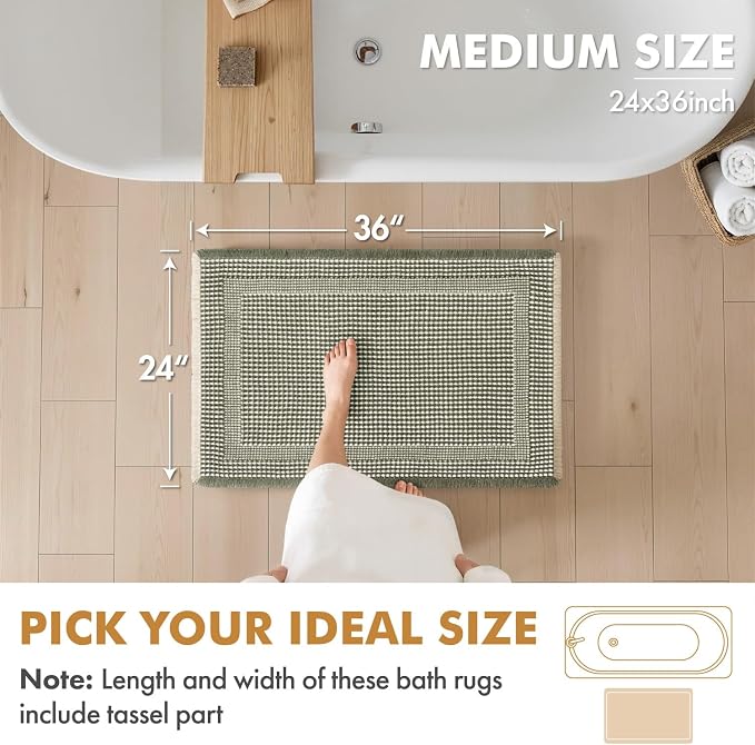 MIULEE Set of 2 Waffle Bathroom Rugs, Boho Bath Rug Super Absorbent, Non Slip Washable Ultra Soft Rubber Backed Shower Bath Mats for Floor, Tub, Shower, Looped Design, Green & Cream, 24x36 Inch