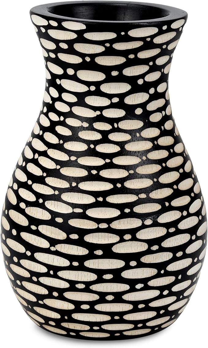AeraVida Intricate Etched Ovals Mango Wood Vase Dark Brown 6-Inch Handmade Tabletop Flower Holder for Dried or Silk Flowers Rustic Modern Decor Accent for Living Room or Office