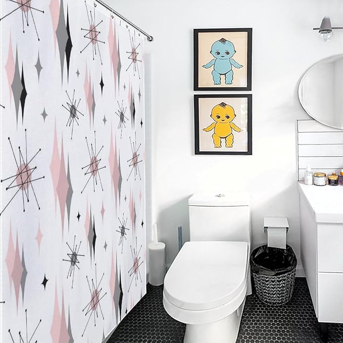 Mid Century Modern Shower Curtain, Pink Gray Geometric Atomic Abstract Pattern 1950s 1960s Retro Vintage Style Waterproof Fabric Bathroom Shower Curtain Set with Hooks, 72"x78" Inch