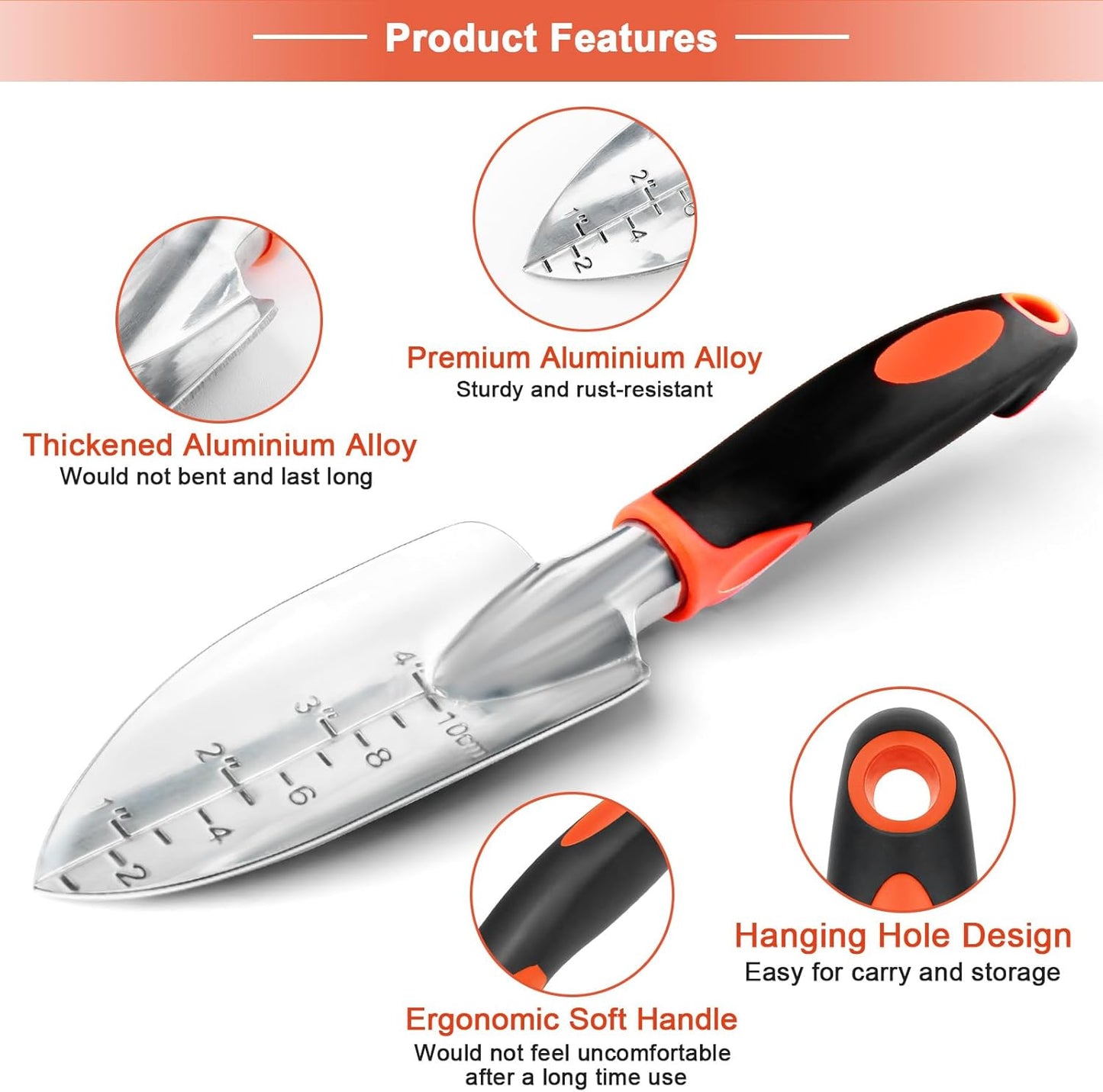 Skiennix Garden Shovel Trowel - Heavy Duty Ergonomic Hand Tool with Measurement Mark | Small Gardening Spade