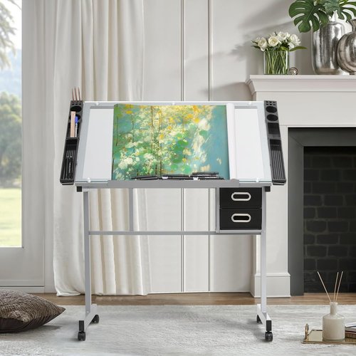 MoNiBloom Drafting Table - Adjustable 0-65° Glass Top on Wheels with Storage & Side Tray