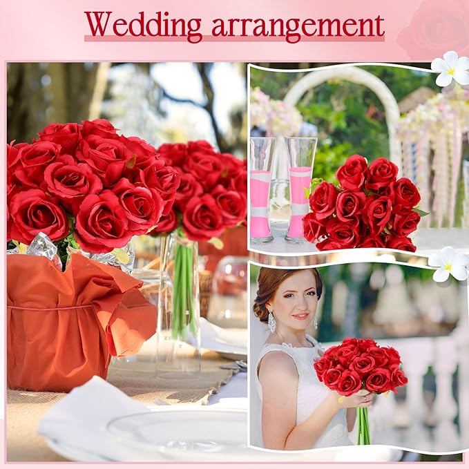 Jexine 240 Pcs Artificial Rose Flowers Bouquet Silk Realistic Flowers Bulk Centerpieces DIY Bride Fake Rose for Home Bridal Wedding Party Decorations(Red)