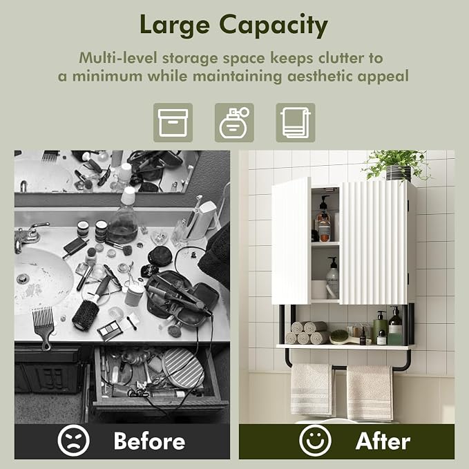RUSTOWN Fluted Bathroom Wall Cabinet with 2 Doors, 3-Tier Modern Farmhouse Medicine Cabinet, Over the Toilet Storage Cabinet with Adjustable Shelf and Towel Bar (White, Medium)