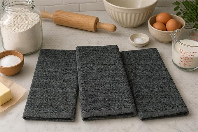Serafina Home Dark Grey Gray Kitchen Hand Dish Towels: Oversized 28" x 18",100% Cotton Cloth Soft Cleaning Drying Absorbent Textured Design, Set of 3 Multipurpose for Everyday Use (Dark Grey)