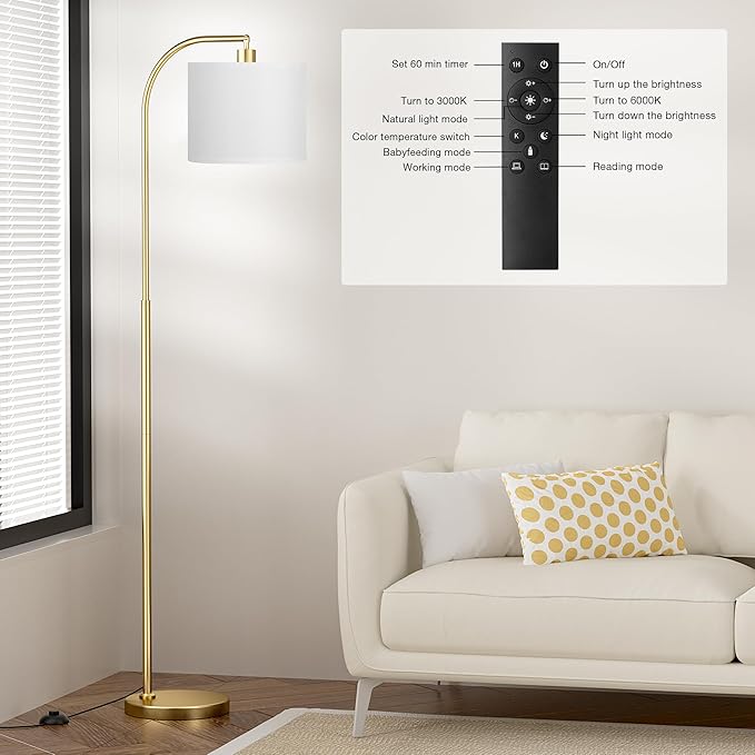 Ambimall Arc Floor Lamp with Remote and Stepless Dimmable Bulb, Colors Temperature & Brightness Adjustable, Floor Lamps for Living Room（White Shade & Gold Pole）