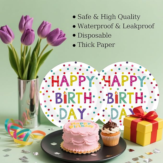 50PCS Happy Birthday Party Paper Plates 7 Inch, Disposable Colorful Polka Dots Cake Dessert Plates for Picnic Baby Shower Party Decorations (Birthday)