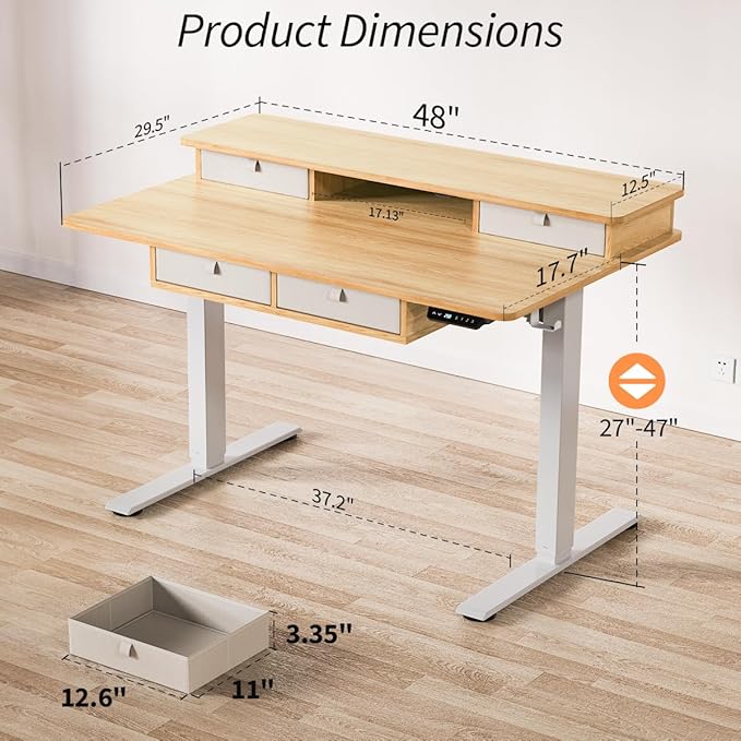 Kingant Standing Desk with Fast Charging USB Ports, 48" x 30" Height Adjustable Home Office & Gaming Desk, Sit Stand Desk with Built-in Storage Shelf, Hook & Ergonomic Design(Maple)