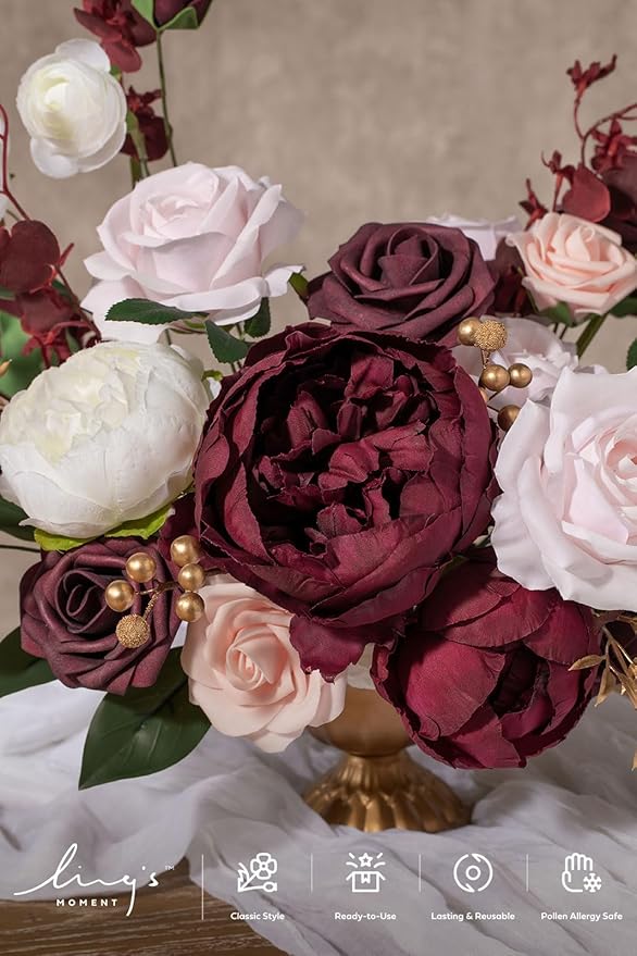 Ling's moment Fake Flowers Box, Faux Artificial Greenery Stems Foam Roses Silk Peonies Ranunculus Fabic Flower for Centerpieces Bouquet Wedding Vase Decorations, Berry Pink & Blush, Deluxe Combo