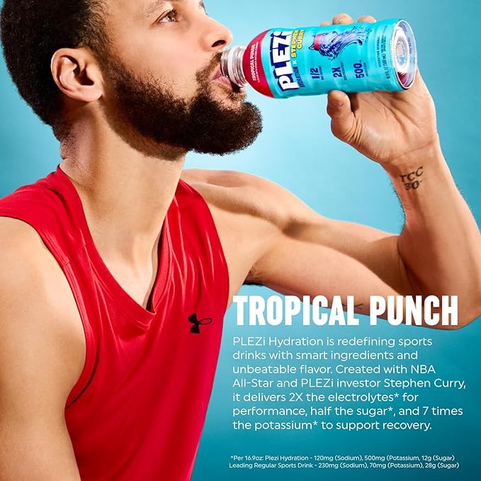 PLEZi Tropical Punch Hydration Drink x Stephen Curry - Sports Drinks with 2X Electrolytes - 500mg Potassium, Low Sugar, No Added Sugar - For Kids & Adults - 16.9 Fl Oz (12 Pack)