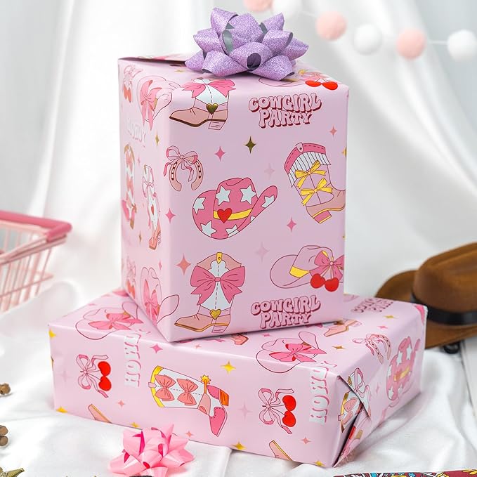 Homeral Pink Cowgirl Wrapping Paper Roll - 17In x 32.8Ft Reversible Gift Wrap with Western Boots Hat Cherry Pattern for Girls Birthday, Baby Shower, Cowgirl Party, Western Theme, Holiday Crafts