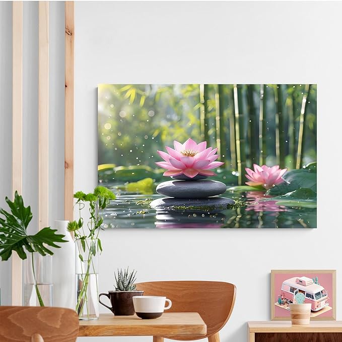 Ethereal pink lotus on obsidian Sunlit bamboo forest with sparkling water drops Poetic nature inspired wall art for tranquil homes and mindful spaces 28x40in Frameless