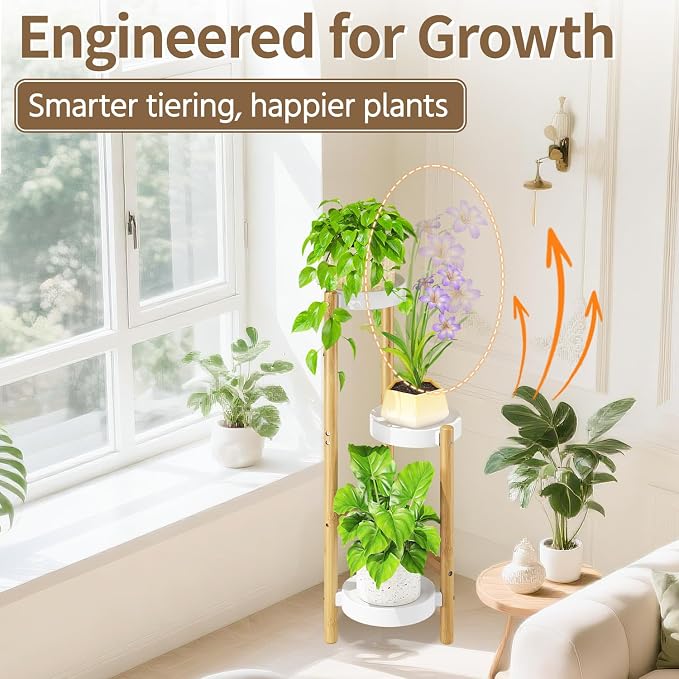 LASZOLA Bamboo White 3 Tier Heavy Duty Plant Stand Indoor, Tall Multiple Level Vertical Planter Rack for Modern Narrow Corner, Slim Spiral Flower Holder Organizer Display for House Decor, Plastic Tray