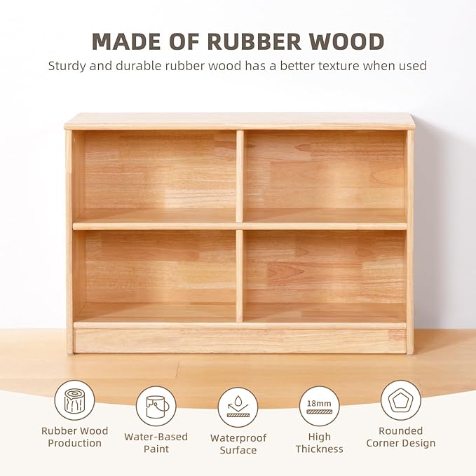 OOOK Rubber Wood 4-Compartment Wooden Storage Cabinet, 35.4" L, 2-Tier Toy Organizers and Storage, Montessori Shelf for Kids Room, Playroom, Nursery, Classroom, Kindergarten