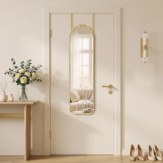 Besdomus Door Mirror Full Length: 14"x50" Gold Vintage Bow Over The Door Hanging Mirror - Antique Baroque Traditional Ornate Full Body for Girls Bedroom/Cloakroom/Living Room - Ideal for Teen Girl