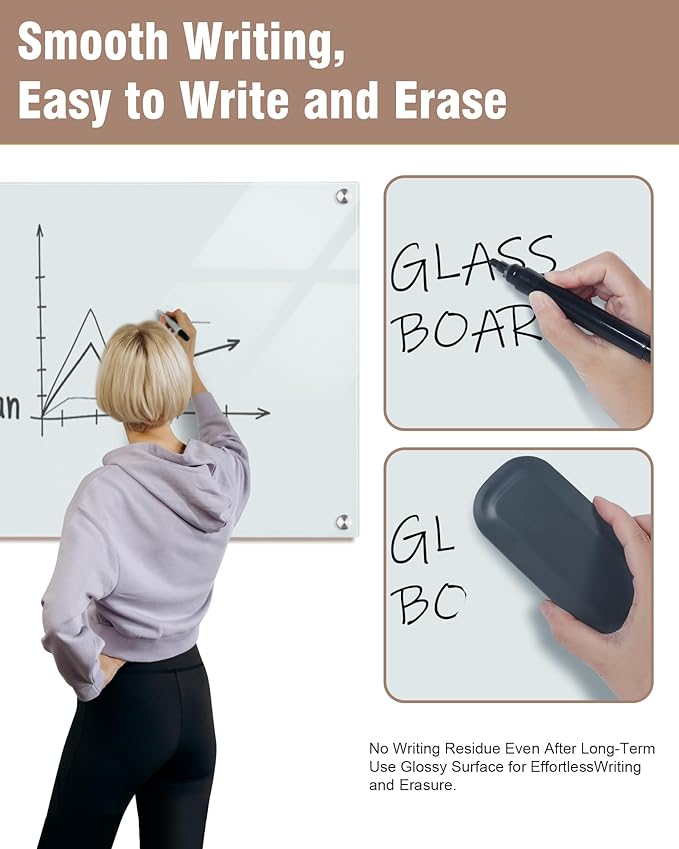 Mifuro Magnetic Glass Whiteboard，36"x24" Wall Mounted Frameless Dry Erase Board for Office, Home & School White