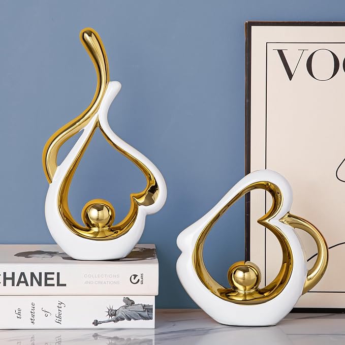 Gold Statue Decor for Living Room, Abstract Sculptures Home Decor, Modern Table Ceramic Decor, Heart Shape Table Centerpieces for Dining Room, White and Gold Decoration for Shelves