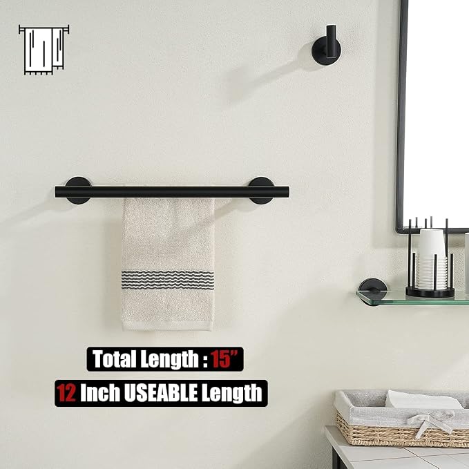 JQK Double Towel Bar Black, 15 Inch 304 Stainless Steel Thicken 0.8mm Towel Rack Holder for Bathroom Washcloths and Hand Towels, Matte Black Wall Mount, Useable Length 12 Inch, TB100L12-PB