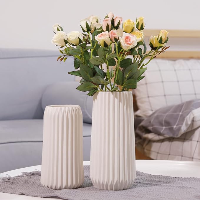Large White Ceramic Vase, 9.8'' H Modern Vase for Flower, Origami Stripe Frosted Matte Surface, White Vases for Decor Wedding Decor (Large 9.8"*4.9" (H x D))