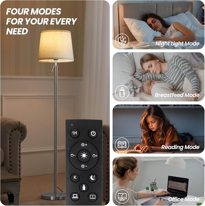 Modern Floor Lamp for Living Room and Bedroom- 55"-67" Height Adjustable Standing Lamps with Dimmable LED Bulb and Remote Control-Bright Tall Stand Light with Shade for Corner Lighting （Silver）