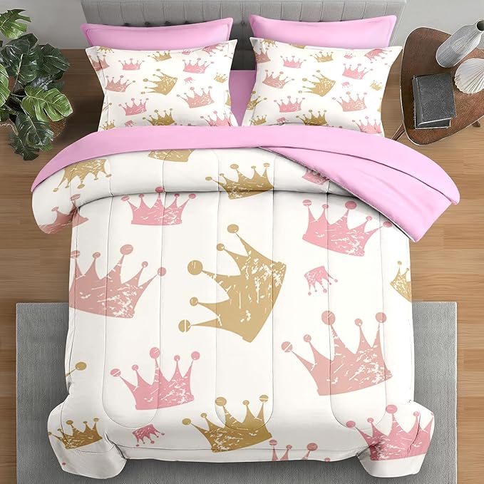 Comforter Set Full Size, Cute Kids Crown 7 Pcs Bedding for Kids and Adults, Pink Princess Girls Bed Sheet Sets with Fitted Sheet 2 Pillowcase & 2 Sham for Bedroom Bed Decor