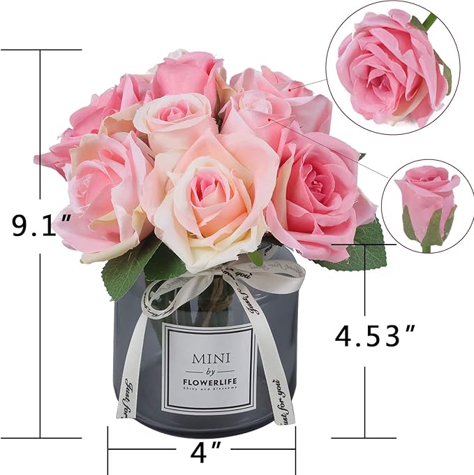 XIAYAN Artificial Flower and Glass vase, Silk Rose Flower Glass Bottle Set, Suitable for Living Room, Dining Table, Office, Wedding, Hotel Banquet and Other Home Decoration. (Pink)………