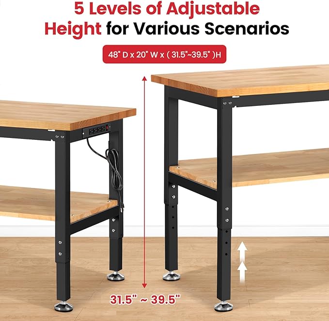 Adjustable Height Work Bench 48 x 20 Workbench for Garage Work Table with Under Table Shelf for Shop Woodworking, Heavy Duty Rubber Wood Top for Office, Home, Commercial