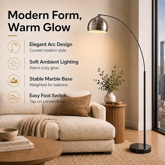 Teamson Home Arquer 68.1" Arc Floor Lamp for Living Rooms, Home Offices, Dining Rooms, Bedrooms with Faux Black Marble Base and Antique Brass Bell Shade