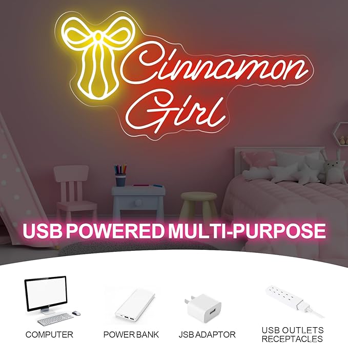 Cinnamon Girl with Bow Tie Neon Sign Cinnamon Sweet Girl Sign Room Art Decor Lana Del Rey Neon Sign Bedroom Wall Decor,Encouraging Light, Club-Red-17.7"x8.86"
