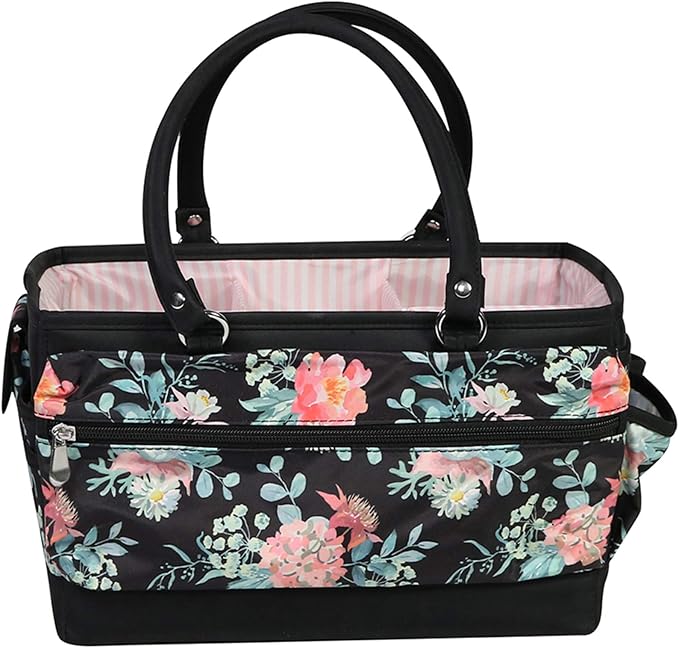 Everything Mary Deluxe Store & Tote Organizer – Black & Floral Craft Bag with Handle – Sewing, Scrapbooking & Art Supply Caddy – Stylish Storage for DIY Projects