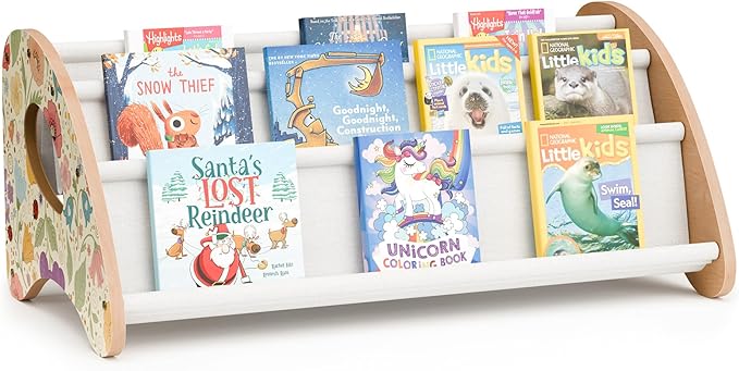 Toddler Bookshelf,4-Tier Book Rack Organizer with Fabric Storage Pockets, Wooden Bookshelves with Open Forward Display, Montessori Book Shelf for Nursery/Playroom, Natural Flower Design/White