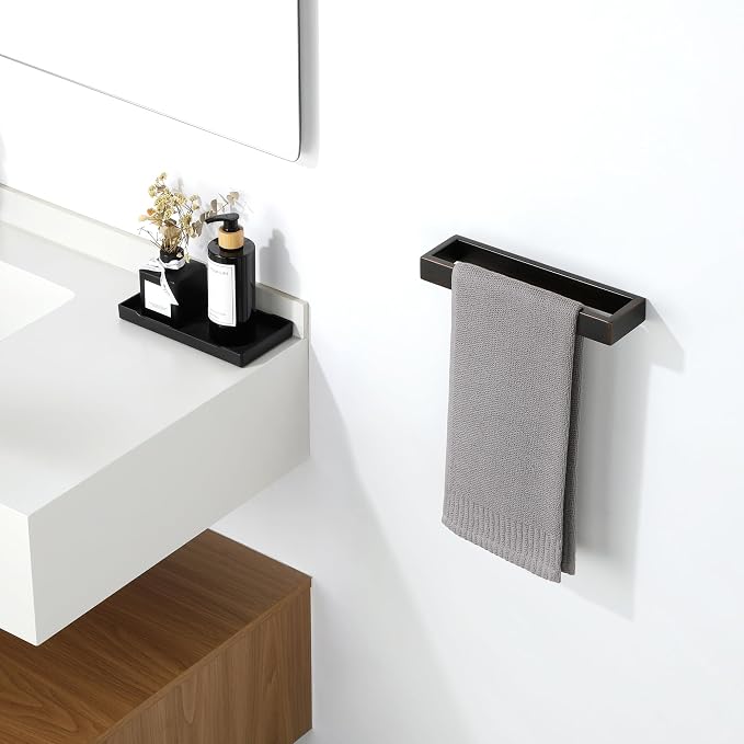 Sayayo Oil Rubbed Bronze Towel Bar for Bathroom, 10 Inch Hand Towel Holder Wall Mount Square Towel Ring SUS304 Stainless Steel Towel Rack