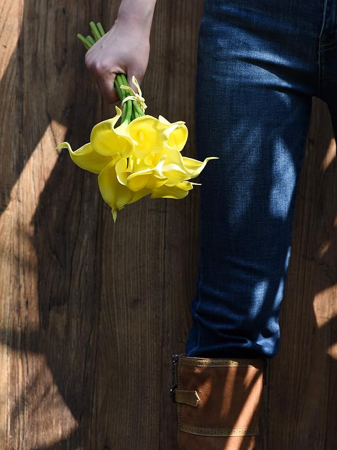 FiveSeasonStuff Real Touch Calla Lily Artificial Flowers Wedding Bridal Bouquet | Floral Arrangements | 15 Calla Lilies (Lemon Yellow)