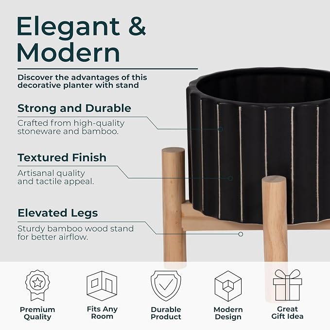 Ceramic Planter with Elevated Stand – Wood Indoor Plant Stand, Display for Greenery, Shelf or Patio Placement – Textured Modern Planter Pot for Elevated Display, Home Decor, Outdoor Decor – 6", Black