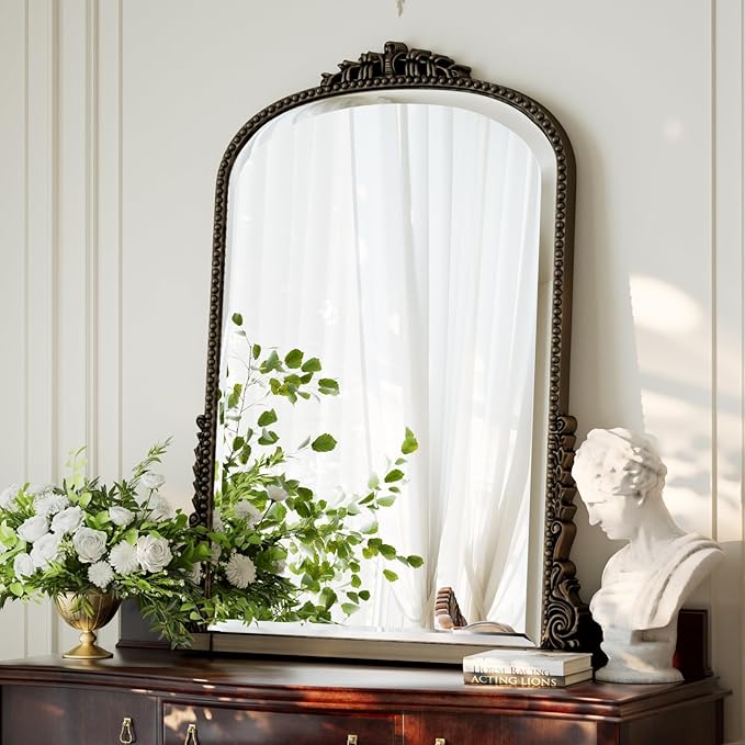 24"×32" Bronze Wide Arched Wall Mirror, Vintage Carving Bathroom Vanity Makeup Mirror, as Wall Decor Hanging Leaning for Fireplace Mantle, Living Room, Bedroom, Vanity Area
