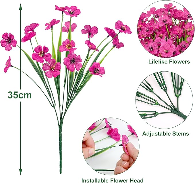 Ouddy Decor 24 Bundles Artificial Flowers for Decorations Fake Silk Plants for Outdoors UV Resistant Faux Plastic Greenery Stems for Garden Porch Window Box Home Spring Decor, Rose Red