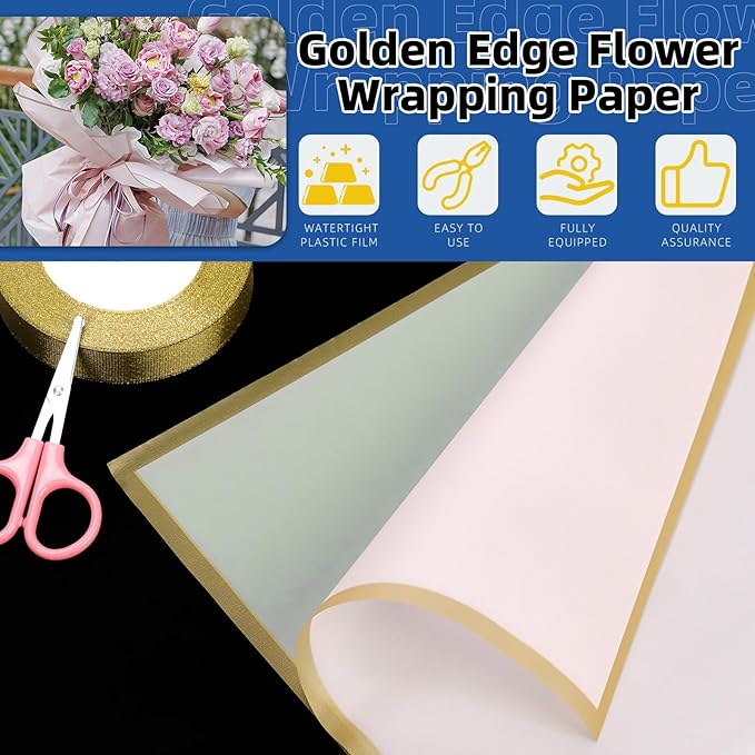 Glarks 52pcs Flower Wrapping Paper Set, Including 40 Sheets Pink and Blue Waterproof Bouquet Wrapping Paper, 10pcs Floral Pick Card Holders, 1 Roll Ribbon and 1pcs Pink Scissors for Flower Shop
