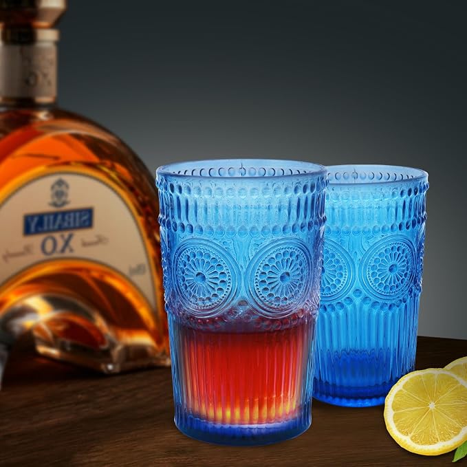 Loivttvv 6pcs Vintage Drinking Glasses Set, 12 oz Blue Highball Glasses, Embossed Ribbed Glassware Cups for Cocktail, Water, Juice, Coffee, Whiskey