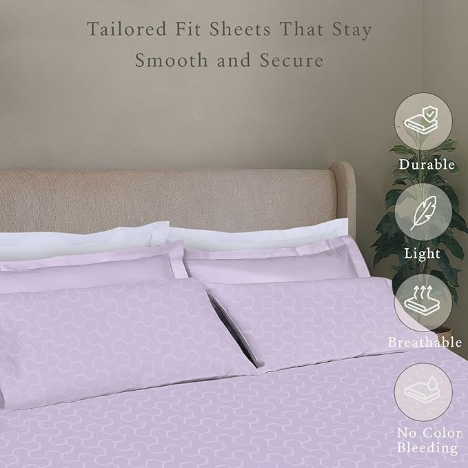 Threadmill Cotton Twin XL Sheet Set | 500TC Cotton Sheets for Twin XL Size Bed | Damask Jacquard Sateen Twin XL Bed Sheets Set with 15” Deep Pocket | Soft Breathable 3-Piece Cooling Sheet Set | Lilac