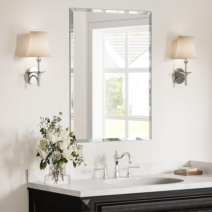 24 x 36 Inch Large Rectangular Bathroom Mirror, Frameless Beveled Vanity Mirror for Over Sink, Solid-Backed 2-Way Wall Mirror for Master Bath