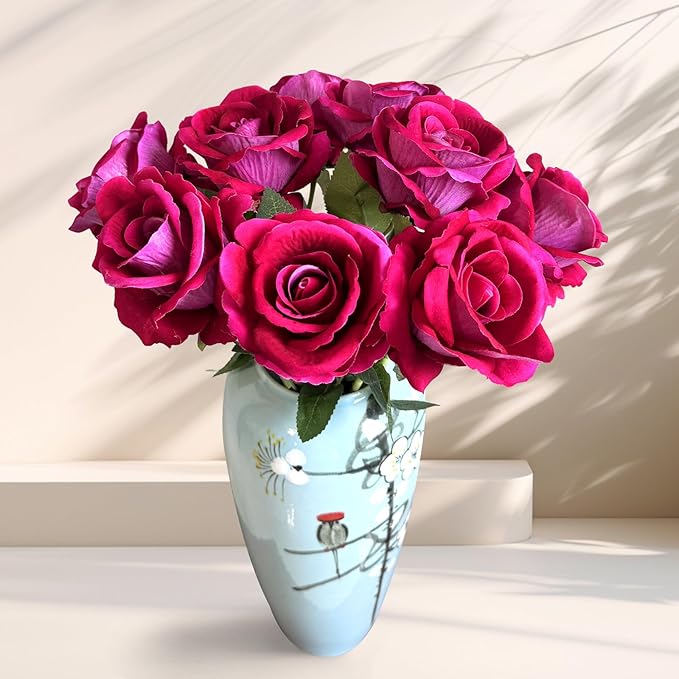 10-Pcs Artificial Rose Bouquets Faux Flowers with Flannel and Silk-Like Touch Highly Realistic Handmade Ideal for Home Office Wedding Hotel Festival Party Decorations Gifts Props (Fuchsia)