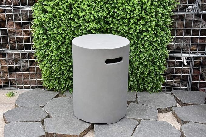 AMS Fireplace | Elementi Lunar Concrete Propane Tank Cover (Cylinder Smooth - Light Gray) | GFRC, Light Gray Color, Round Shape, Size - 15.7 x 15.7 x 20 inches | Suited for Lunar Light grey fire pit.