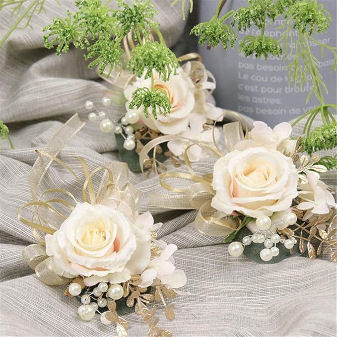 USIX 2pc Pack-Handmade Artificial Flower Rose with Gold Leaves Ribbons Artificial Pearls Wrist Corsage & Men's Lapel Boutonniere Pin Combo Set Package for Wedding Party Prom Homecoming (Corsage Pack)