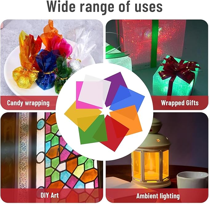 BetterJonny 240 Pcs Cellophane Sheets, 15.5X15.5cm Transparent Colored Cellophane Wrap Treat Candy Small Gifts Wrapping Colorful Plastic Sheets for DIY Arts Crafts Decorations（8-Colors